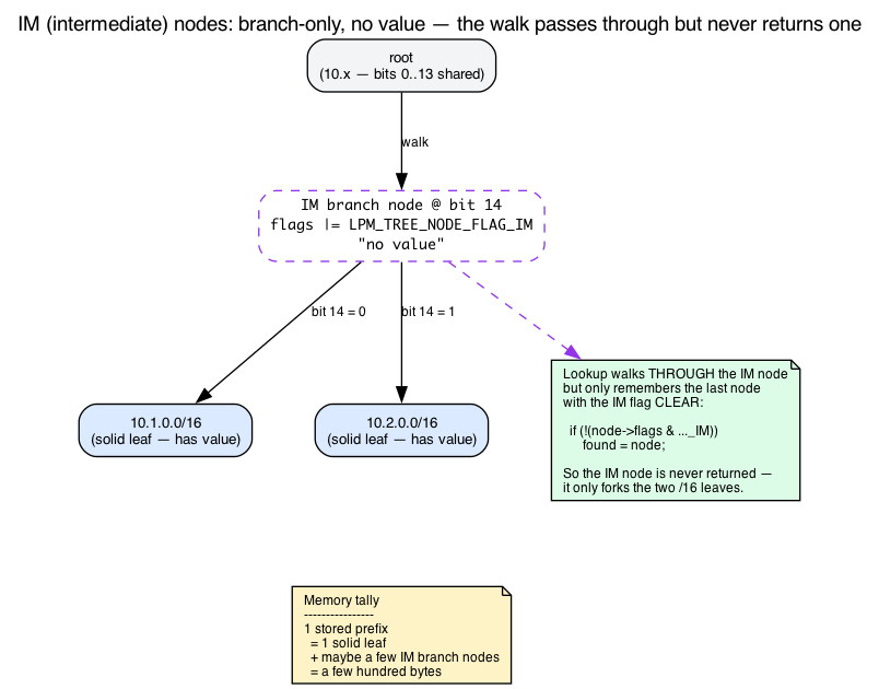 IM branch nodes fork two leaves but are never returned