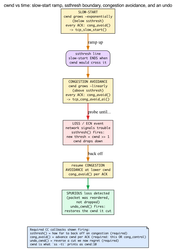 cwnd staircase: slow-start, ssthresh, congestion avoidance, undo