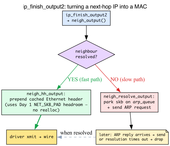 Neighbour resolution decision at ip_finish_output2: cached header vs park on arp_queue
