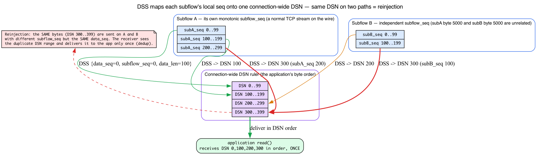 DSS maps each subflow_seq onto a shared DSN ruler, with one DSN range reinjected on both subflows