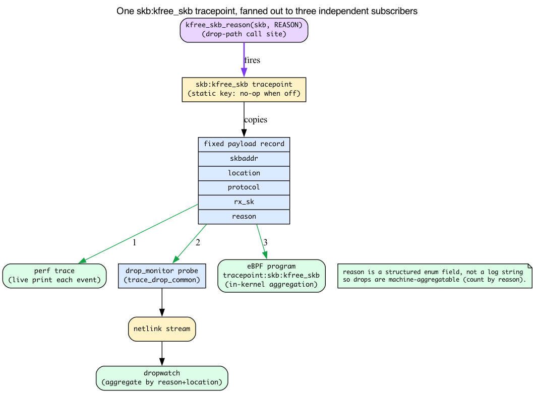 One skb:kfree_skb tracepoint fanned out to perf, dropwatch, and eBPF